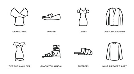 clothes outline icons set. thin line icons such as draped top, loafer, drees, cotton cardigan, off the shoulder dress, gladiator sandal, sleepers, long sleeves t shirt vector.