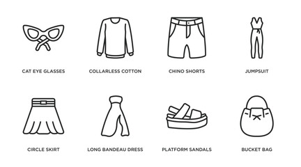 clothes outline icons set. thin line icons such as cat eye glasses, collarless cotton shirt, chino shorts, jumpsuit, circle skirt, long bandeau dress, platform sandals, bucket bag vector.