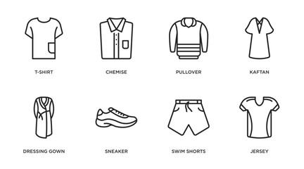 clothes outline icons set. thin line icons such as t-shirt, chemise, pullover, kaftan, dressing gown, sneaker, swim shorts, jersey vector.