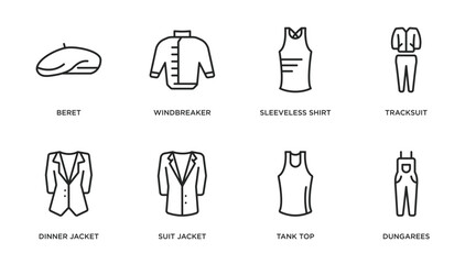 clothes outline icons set. thin line icons such as beret, windbreaker, sleeveless shirt, tracksuit, dinner jacket, suit jacket, tank top, dungarees vector.