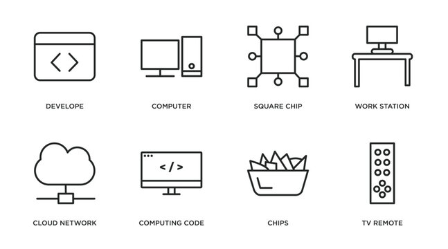 computer outline icons set. thin line icons such as develope, computer, square chip, work station, cloud network, computing code, chips, tv remote vector.