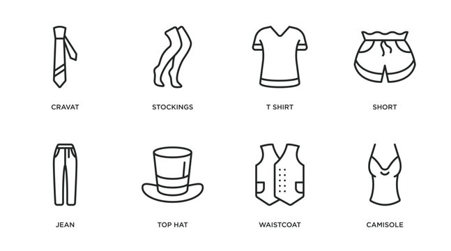 clothes outline icons set. thin line icons such as cravat, stockings, t shirt, short, jean, top hat, waistcoat, camisole vector.