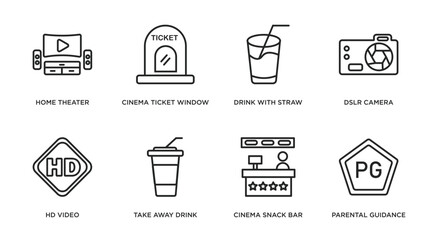 cinema outline icons set. thin line icons such as home theater, cinema ticket window, drink with straw, dslr camera, hd video, take away drink, cinema snack bar, parental guidance vector.