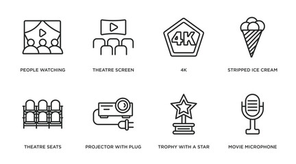 cinema outline icons set. thin line icons such as people watching a movie, theatre screen, 4k, stripped ice cream cone, theatre seats, projector with plug, trophy with a star, movie microphone