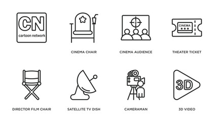 cinema outline icons set. thin line icons such as , cinema chair, cinema audience, theater ticket, director film chair, satellite tv dish, cameraman, 3d video vector.