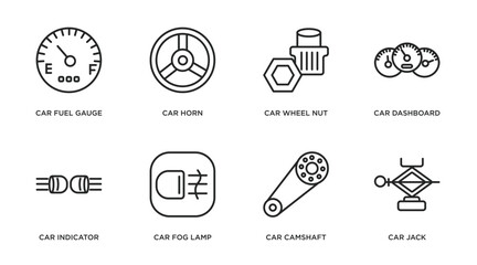 car parts outline icons set. thin line icons such as car fuel gauge, car horn, wheel nut, dashboard, indicator, fog lamp, camshaft, jack vector.