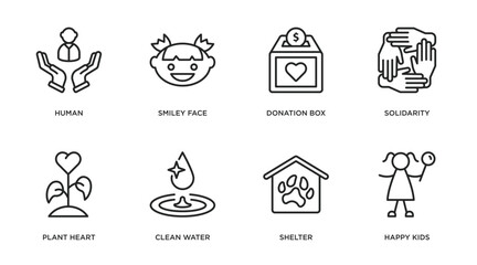 charity outline icons set. thin line icons such as human, smiley face, donation box, solidarity, plant heart, clean water, shelter, happy kids vector.