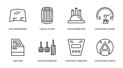 car parts outline icons set. thin line icons such as car windscreen, car oil filter, distributor cap, petrol gauge, trim, accelerator, fascia (british), hazard lights vector.