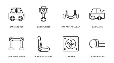 car parts outline icons set. thin line icons such as car hard top, car cylinder, anti-roll bar, taiate, torsion bar, bucket seat, fan, headlight vector.