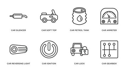 car parts outline icons set. thin line icons such as car silencer, car soft top, petrol tank, ammeter, reversing light, ignition, lock, gearbox vector.