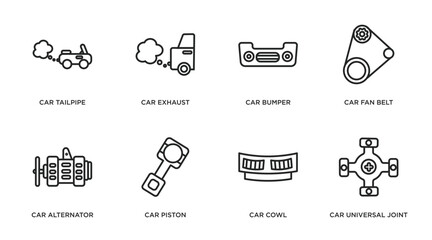 car parts outline icons set. thin line icons such as car tailpipe, car exhaust, bumper, fan belt, alternator, piston, cowl, universal joint vector.