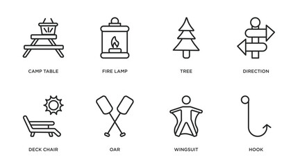 camping outline icons set. thin line icons such as camp table, fire lamp, tree, direction, deck chair, oar, wingsuit, hook vector.