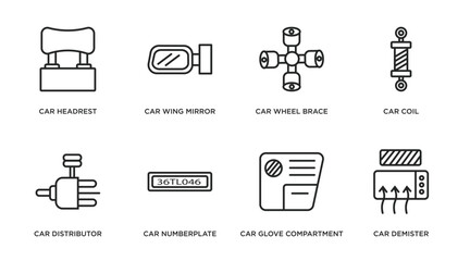 car parts outline icons set. thin line icons such as car headrest, car wing mirror, wheel brace, coil, distributor, numberplate, glove compartment, demister vector.