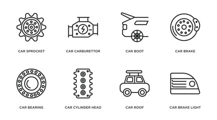 car parts outline icons set. thin line icons such as car sprocket, car carburettor, boot, brake, bearing, cylinder head, roof, brake light vector. - obrazy, fototapety, plakaty
