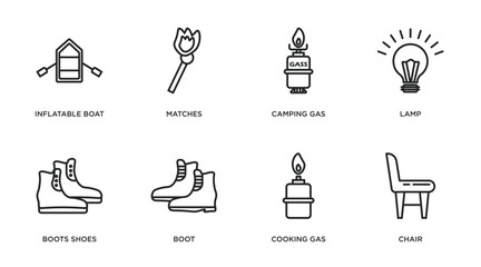 camping outline icons set. thin line icons such as inflatable boat, matches, camping gas, lamp, boots shoes, boot, cooking gas, chair vector.