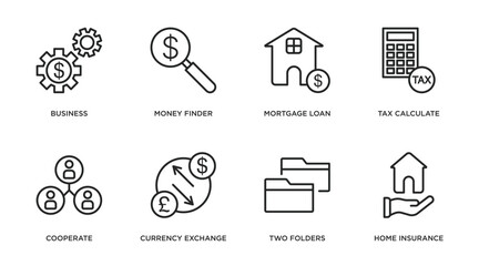 business outline icons set. thin line icons such as business, money finder, mortgage loan, tax calculate, cooperate, currency exchange, two folders, home insurance vector.