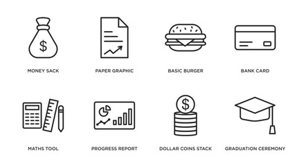 business outline icons set. thin line icons such as money sack, paper graphic, basic burger, bank card, maths tool, progress report, dollar coins stack, graduation ceremony vector.