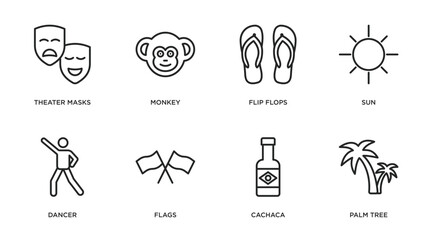 brazilia outline icons set. thin line icons such as theater masks, monkey, flip flops, sun, dancer, flags, cachaca, palm tree vector.