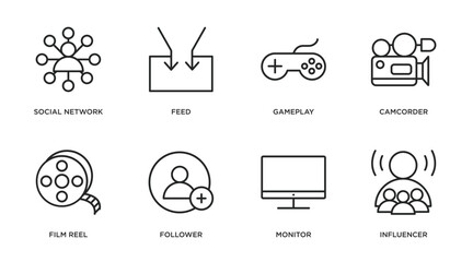 blogger and influencer outline icons set. thin line icons such as social network, feed, gameplay, camcorder, film reel, follower, monitor, influencer vector.