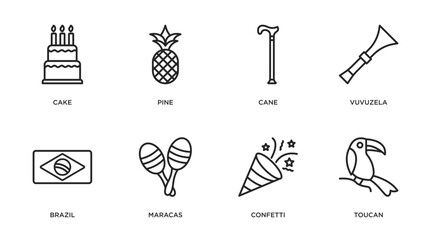 brazilia outline icons set. thin line icons such as cake, pine, cane, vuvuzela, brazil, maracas, confetti, toucan vector. © IconArt