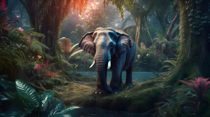 Elephant in fantastic and beautiful jungle. AI generated