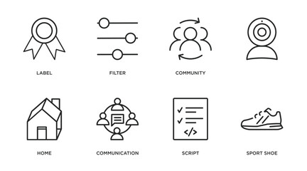 blogger and influencer outline icons set. thin line icons such as label, filter, community, , home, communication, script, sport shoe vector.