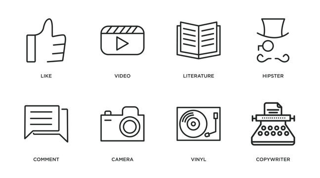 blogger and influencer outline icons set. thin line icons such as like, video, literature, hipster, comment, camera, vinyl, copywriter vector.