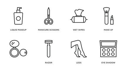 beauty outline icons set. thin line icons such as liquid makeup, manicure scissors, wet wipes, make up, , razor, legs, eye shadow vector.