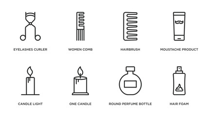 beauty outline icons set. thin line icons such as eyelashes curler, women comb, hairbrush, moustache product, candle light, one candle, round perfume bottle, hair foam vector.