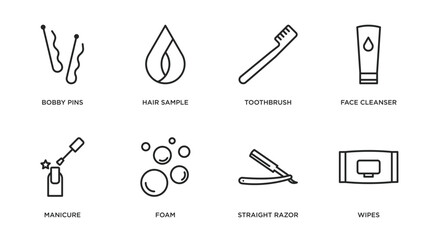 beauty outline icons set. thin line icons such as bobby pins, hair sample, toothbrush, face cleanser, manicure, foam, straight razor, wipes vector.