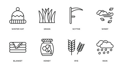 autumn outline icons set. thin line icons such as winter hat, grass, scythe, windy, blanket, honey, rye, rain vector.