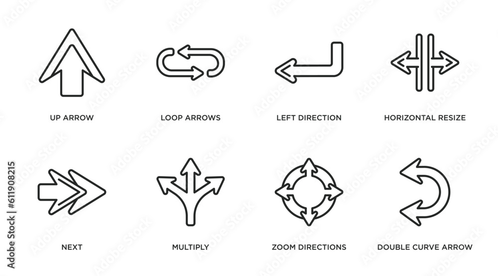 Poster arrows outline icons set. thin line icons such as up arrow, loop arrows, left direction, horizontal 