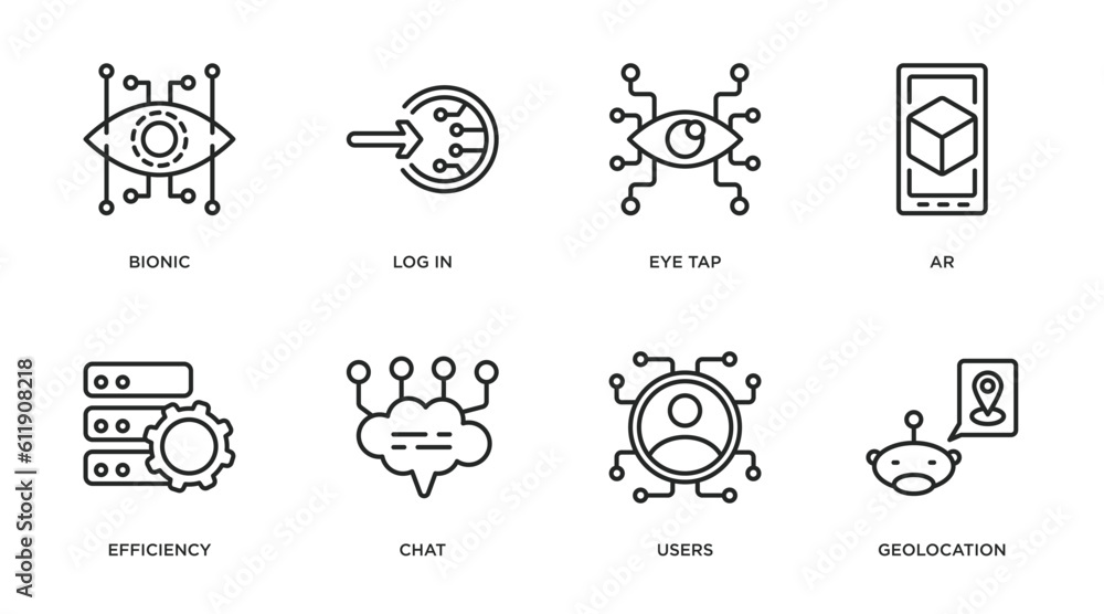 Poster artificial intelligence outline icons set. thin line icons such as bionic, log in, eye tap, ar, effi