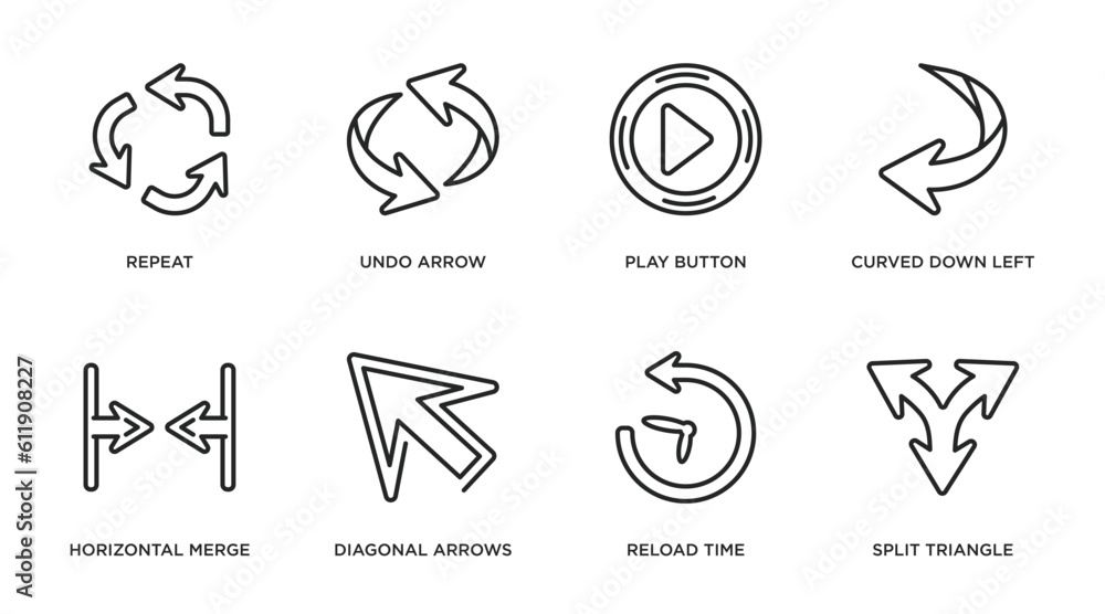 Poster arrows outline icons set. thin line icons such as repeat, undo arrow, play button, curved down left 