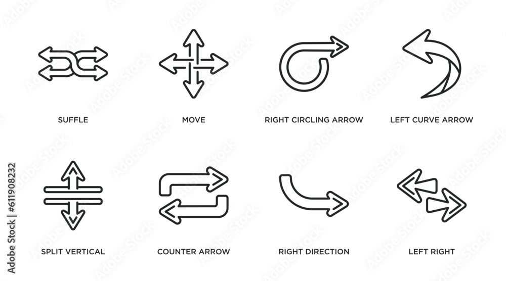 Poster arrows outline icons set. thin line icons such as suffle, move, right circling arrow, left curve arr