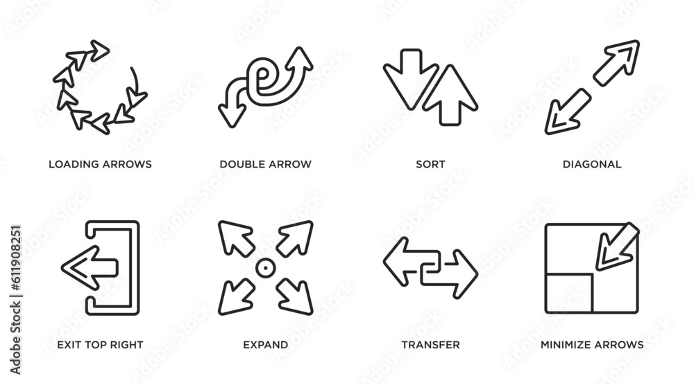 Poster arrows outline icons set. thin line icons such as loading arrows, double arrow, sort, diagonal, exit