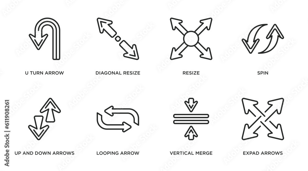 Poster arrows outline icons set. thin line icons such as u turn arrow, diagonal resize, resize, spin, up an