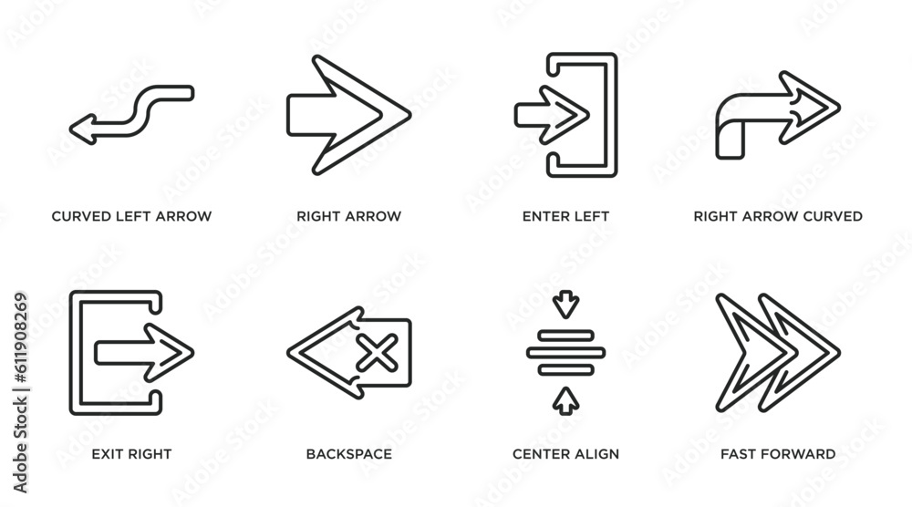 Poster arrows outline icons set. thin line icons such as curved left arrow, right arrow, enter left, right 