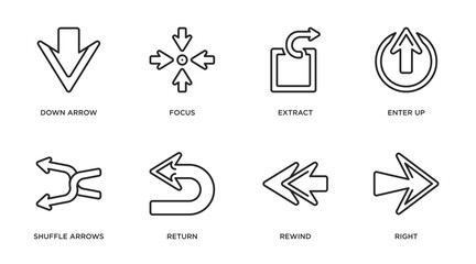 arrows outline icons set. thin line icons such as down arrow, focus, extract, enter up, shuffle arrows, return, rewind, right vector.