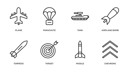 army and war outline icons set. thin line icons such as plane, parachute, tank, airplane bomb, torpedo, target, missile, chevrons vector.