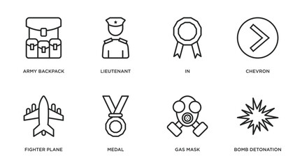 army and war outline icons set. thin line icons such as army backpack, lieutenant, in, chevron, fighter plane, medal, gas mask, bomb detonation vector.