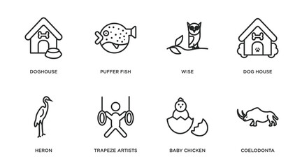 animals outline icons set. thin line icons such as doghouse, puffer fish, wise, dog house, heron, trapeze artists, baby chicken, coelodonta vector.