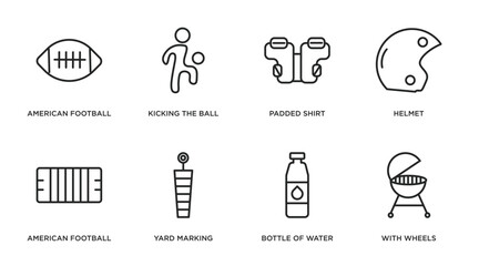 american football outline icons set. thin line icons such as american football ball, kicking the ball, padded shirt, helmet, american football mark, yard marking, bottle of water, with wheels