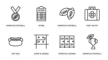 american football outline icons set. thin line icons such as american football medal, score, american football, first aid kit, hot dog, game planning, sportive lockers, cup vector.
