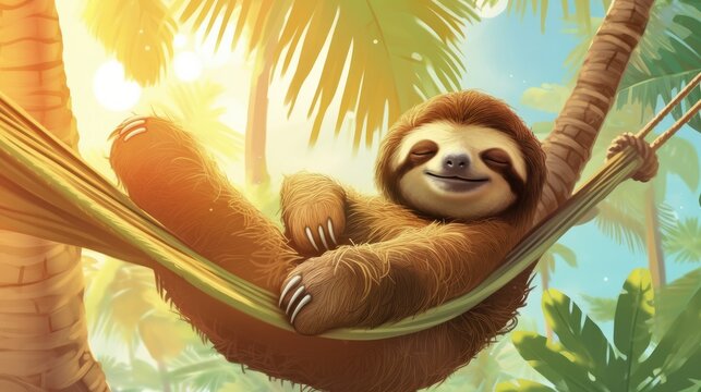 A contented sloth hanging from a palm tree, peacefully snoozing in a hammock under the warm sun - Generative ai