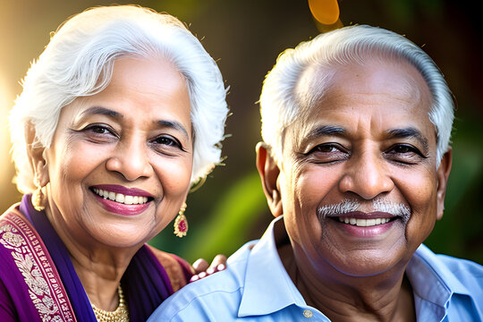 An image of a happy smiling senior East Indian couple. (AI-generated fictional illustration)