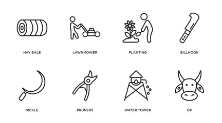 agriculture farming outline icons set. thin line icons such as hay bale, lawnmower, planting, billhook, sickle, pruners, water tower, ox vector. - obrazy, fototapety, plakaty