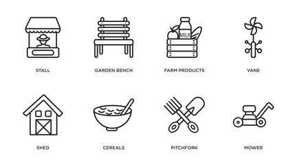 agriculture farming outline icons set. thin line icons such as stall, garden bench, farm products, vane, shed, cereals, pitchfork, mower vector.