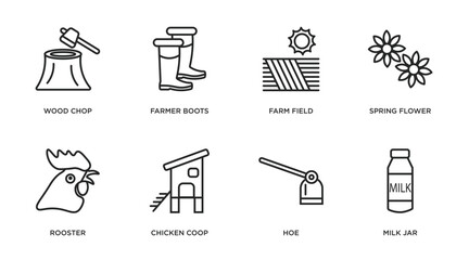 agriculture farming outline icons set. thin line icons such as wood chop, farmer boots, farm field, spring flower, rooster, chicken coop, hoe, milk jar vector. © IconArt