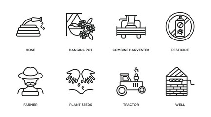 agriculture farming outline icons set. thin line icons such as hose, hanging pot, combine harvester, pesticide, farmer, plant seeds, tractor, well vector.
